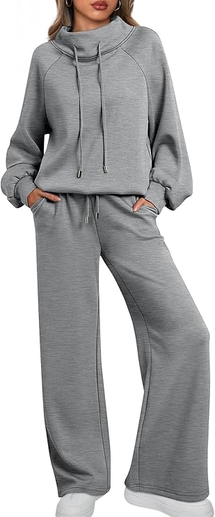AUTOMET Lounge Sets for Women Sweatsuits 2 Piece Outfits 2025 Fall Drawstring Sweatshirt Wide Leg Sweatpants Tracksuit