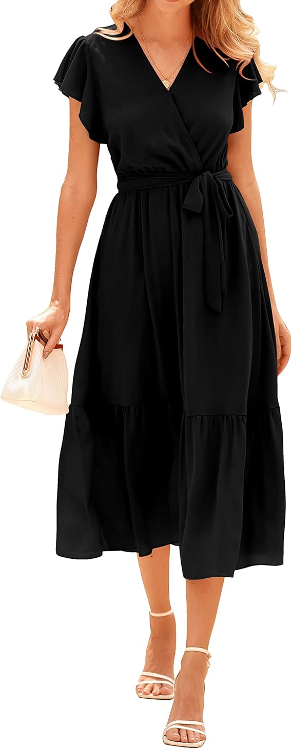 BTFBM Women Summer Bohemian Floral Casual Wrap V Neck Ruffle Cap Sleeveless Belt A-Line Pleated Hem Midi Sun Dress White - 图片 2
