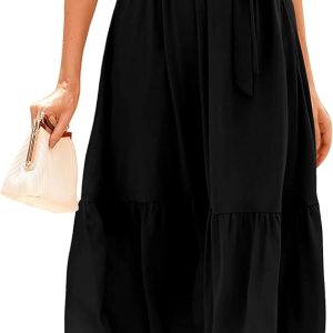 BTFBM Women Summer Bohemian Floral Casual Wrap V Neck Ruffle Cap Sleeveless Belt A-Line Pleated Hem Midi Sun Dress White