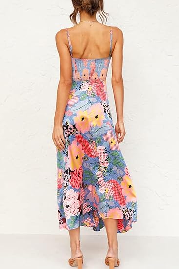 Fashionme Women Spaghetti Strap Midi Satin Dresses Tie Front Backless Slit Cutout Dress Semi-Formal/Casual Flowy Lightweight - 图片 5