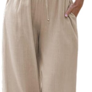 Faleave Women's Cotton Linen Summer Palazzo Pants Flowy Wide Leg Beach Trousers with Pockets