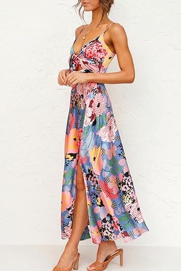Fashionme Women Spaghetti Strap Midi Satin Dresses Tie Front Backless Slit Cutout Dress Semi-Formal/Casual Flowy Lightweight - 图片 3