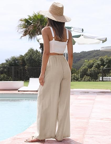 Faleave Women's Cotton Linen Summer Palazzo Pants Flowy Wide Leg Beach Trousers with Pockets - 图片 2