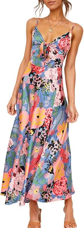 Fashionme Women Spaghetti Strap Midi Satin Dresses Tie Front Backless Slit Cutout Dress Semi-Formal/Casual Flowy Lightweight - 图片 4