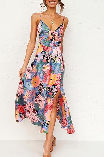 Fashionme Women Spaghetti Strap Midi Satin Dresses Tie Front Backless Slit Cutout Dress Semi-Formal/Casual Flowy Lightweight - 图片 2