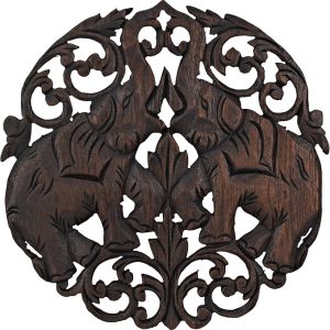 AeraVida Elaborate Circular Double Thai Elephant Hand Carved Teak Wood Wall Art