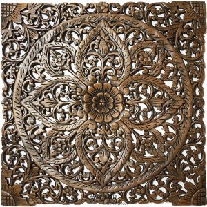 Floral Wood Carved Wall Art Panel. Decorative Bali Asian Home Decor Headboard (24"x24", Brown)