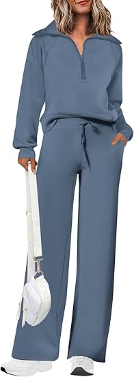 PRETTYGARDEN Women's 2 Piece Outfits Casual Lapel Half Zip Sweatshirts and Wide Leg Pants Tracksuit Sets