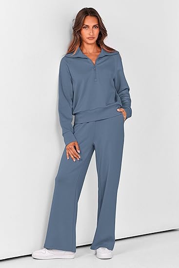 PRETTYGARDEN Women's 2 Piece Outfits Casual Lapel Half Zip Sweatshirts and Wide Leg Pants Tracksuit Sets - 图片 3