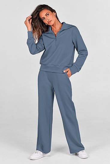 PRETTYGARDEN Women's 2 Piece Outfits Casual Lapel Half Zip Sweatshirts and Wide Leg Pants Tracksuit Sets - 图片 4