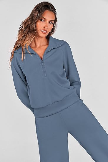 PRETTYGARDEN Women's 2 Piece Outfits Casual Lapel Half Zip Sweatshirts and Wide Leg Pants Tracksuit Sets - 图片 5