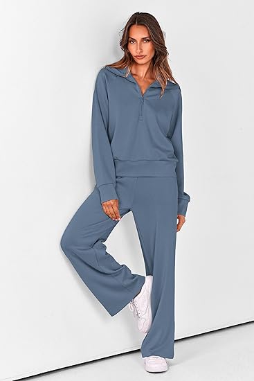 PRETTYGARDEN Women's 2 Piece Outfits Casual Lapel Half Zip Sweatshirts and Wide Leg Pants Tracksuit Sets - 图片 2