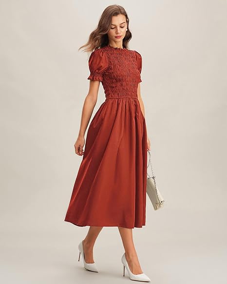 RIHOAS Women Shirred A-Line Midi Dress Summer Dresses Puff Short Sleeve Smocked Flowy Ruffle Boho Beach Sundress - 图片 4