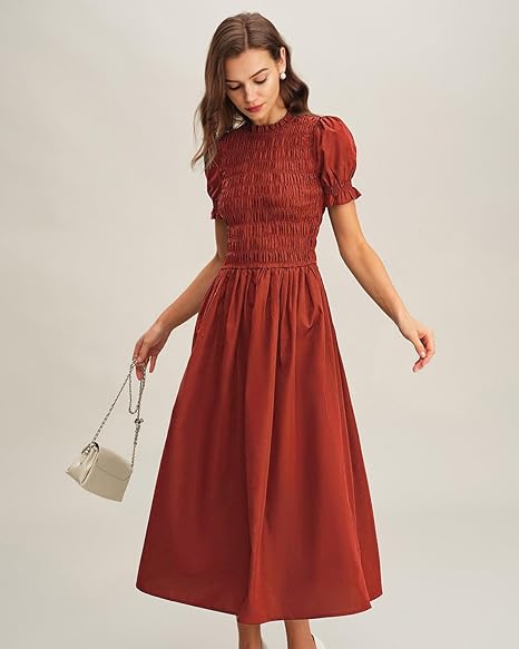 RIHOAS Women Shirred A-Line Midi Dress Summer Dresses Puff Short Sleeve Smocked Flowy Ruffle Boho Beach Sundress - 图片 2