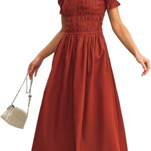 RIHOAS Women Shirred A-Line Midi Dress Summer Dresses Puff Short Sleeve Smocked Flowy Ruffle Boho Beach Sundress