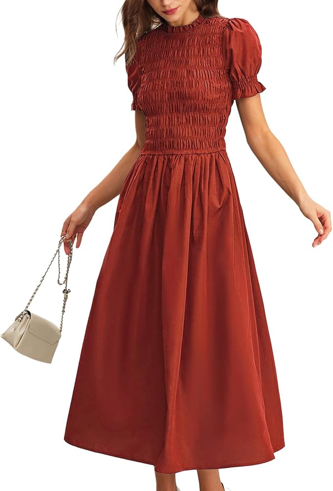 RIHOAS Women Shirred A-Line Midi Dress Summer Dresses Puff Short Sleeve Smocked Flowy Ruffle Boho Beach Sundress