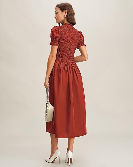 RIHOAS Women Shirred A-Line Midi Dress Summer Dresses Puff Short Sleeve Smocked Flowy Ruffle Boho Beach Sundress - 图片 3