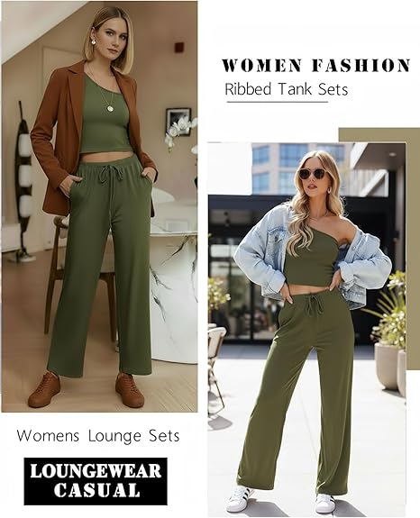 Ekouaer Womens 4 Piece Lounge Sets Ribbed Knit Crop Tank Top and Shorts Pants Casual Outfits - 图片 5