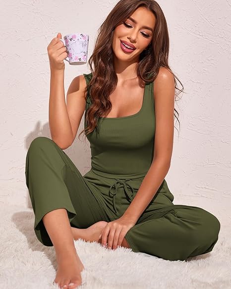 Ekouaer Womens 4 Piece Lounge Sets Ribbed Knit Crop Tank Top and Shorts Pants Casual Outfits - 图片 3