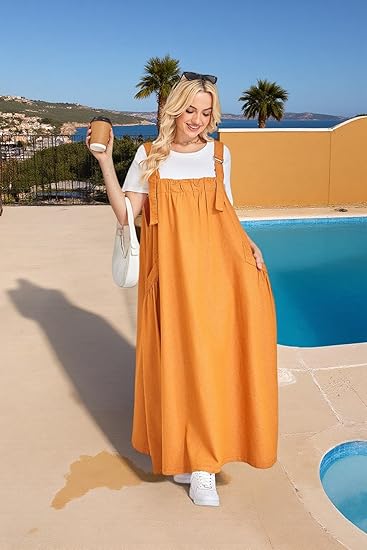 Denim Jumper Dress for Women Loose Version Baggy Style Maxi Length Adjustable Straps Wide Hemline - 图片 6