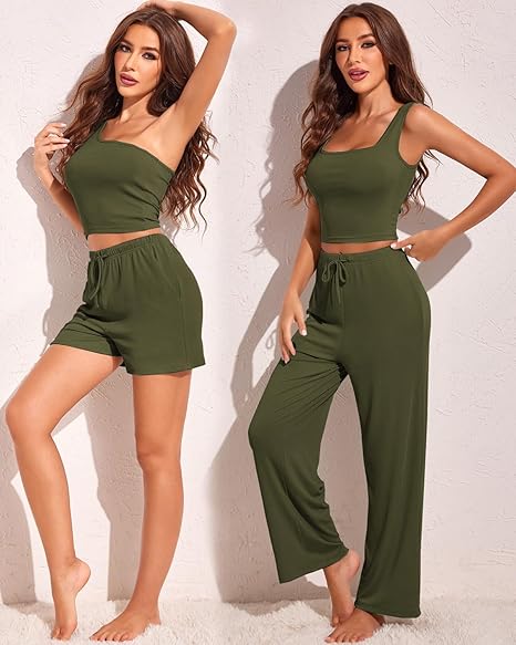 Ekouaer Womens 4 Piece Lounge Sets Ribbed Knit Crop Tank Top and Shorts Pants Casual Outfits - 图片 6