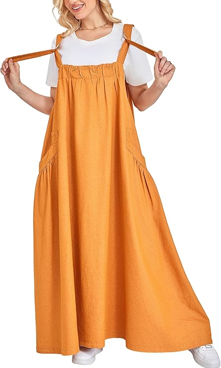 Denim Jumper Dress for Women Loose Version Baggy Style Maxi Length Adjustable Straps Wide Hemline