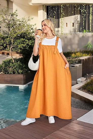 Denim Jumper Dress for Women Loose Version Baggy Style Maxi Length Adjustable Straps Wide Hemline - 图片 2