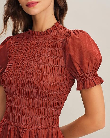 RIHOAS Women Shirred A-Line Midi Dress Summer Dresses Puff Short Sleeve Smocked Flowy Ruffle Boho Beach Sundress - 图片 6
