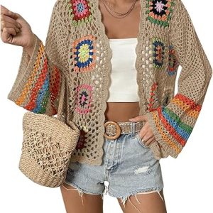 SHENHE Women's Floral Crochet Cardigan Hollow Out Open Front Long Sleeve Cardigan Sweater