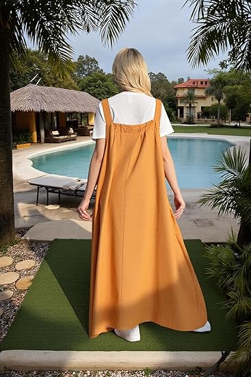 Denim Jumper Dress for Women Loose Version Baggy Style Maxi Length Adjustable Straps Wide Hemline - 图片 4