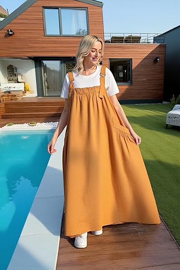 Denim Jumper Dress for Women Loose Version Baggy Style Maxi Length Adjustable Straps Wide Hemline - 图片 3
