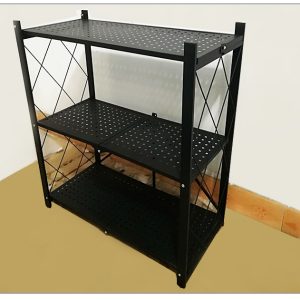 Folding storage rack, three layers, black, made of carbon steel pipes, welded and assembled, for storing miscellaneous items and warehouse supplies